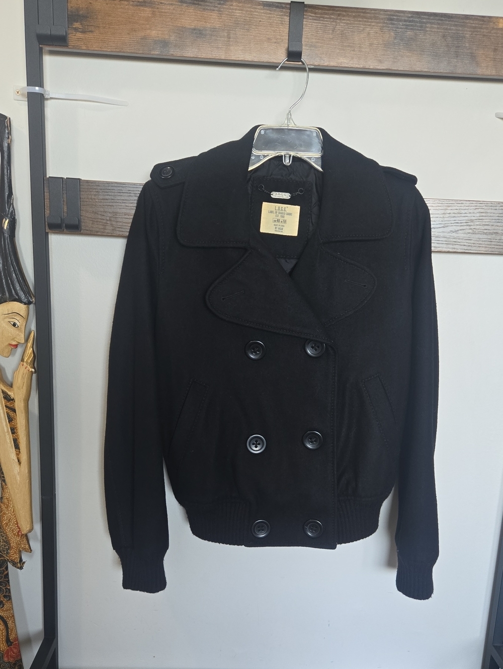 LOGG Black Double-Breasted Pea Coat Jacket